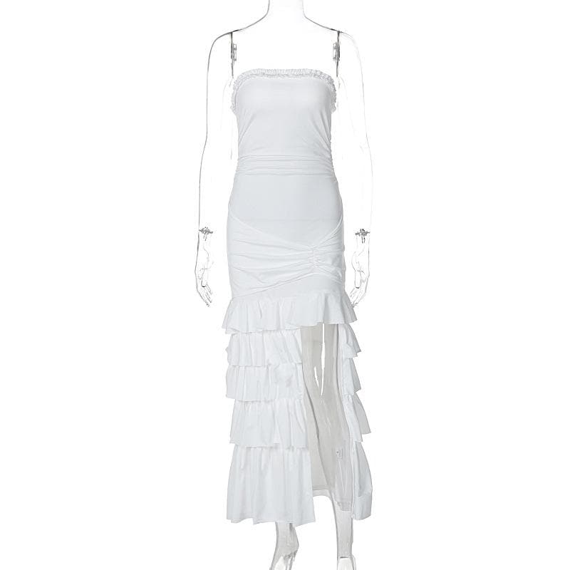 Ruffle ruched slit backless tube midi dress