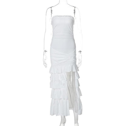 Ruffle ruched slit backless tube midi dress