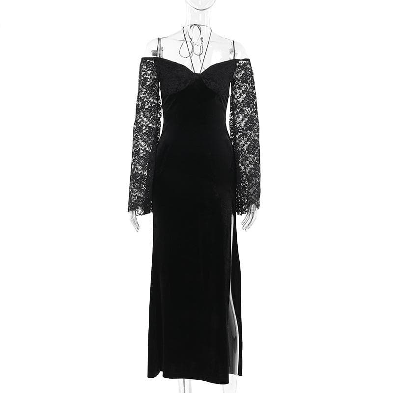 Long sleeve off shoulder velvet slit maxi dress