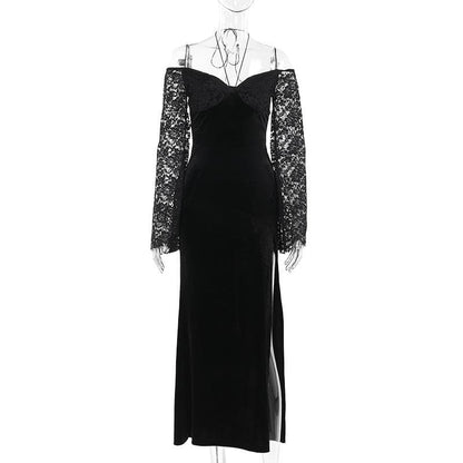 Long sleeve off shoulder velvet slit maxi dress