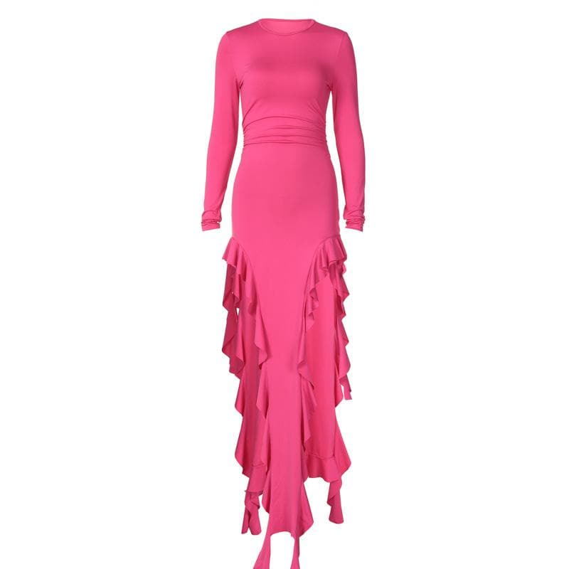 Long sleeve crewneck ruffle slit solid ruched maxi dress- Final Sale