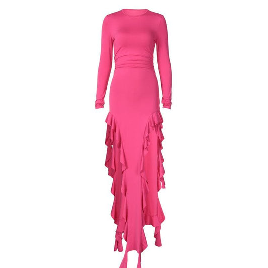 Long sleeve crewneck ruffle slit solid ruched maxi dress- Final Sale
