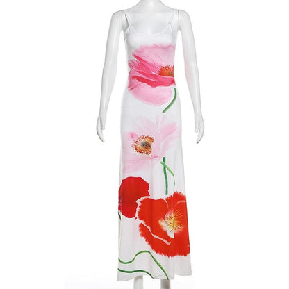 Flower print backless u neck cami maxi dress