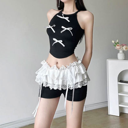 Lace hem ruched bowknot ribbon short pant