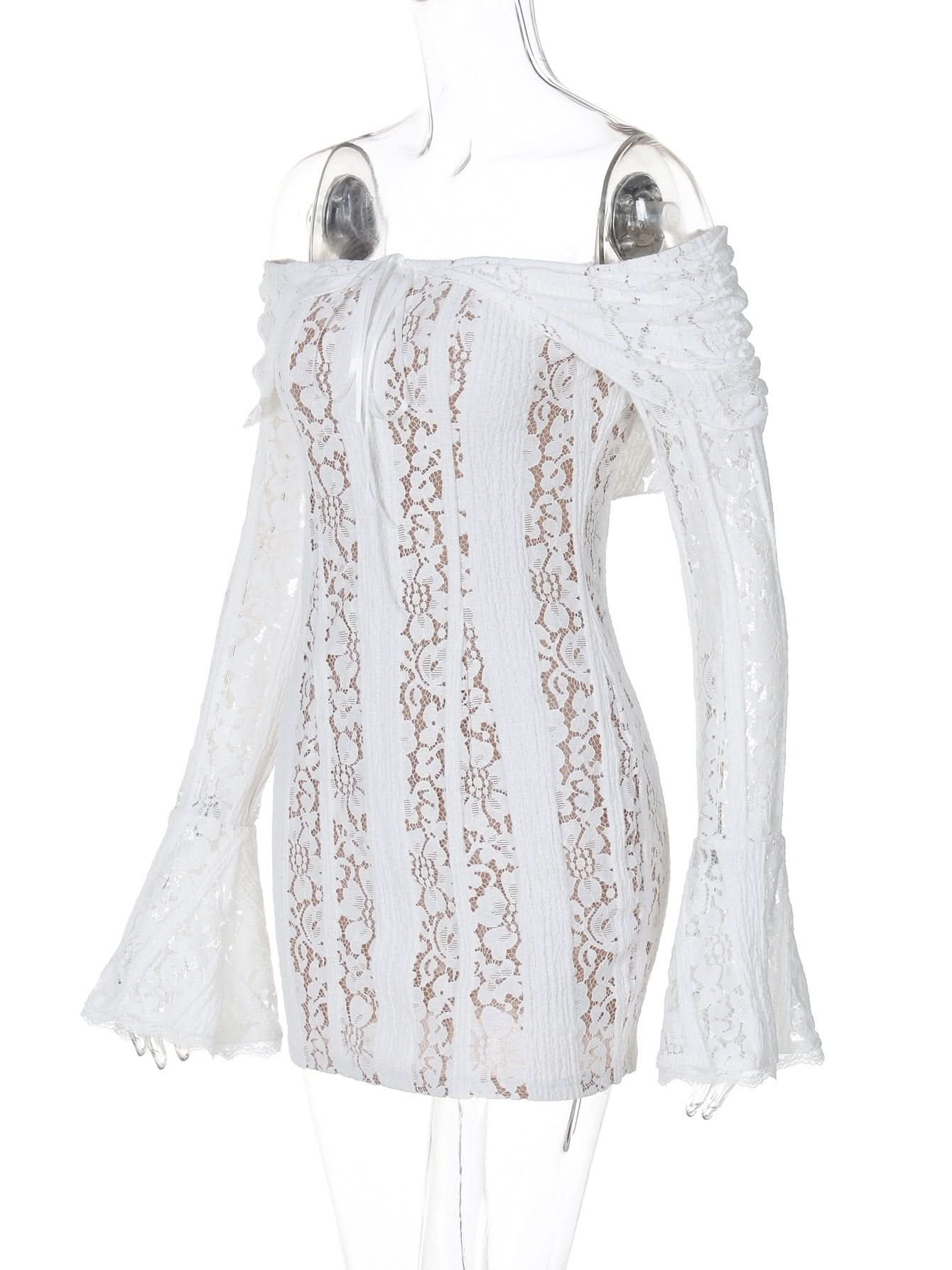 Off shoulder long sleeve lace bowknot mini dress