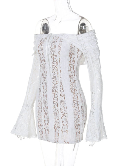 Off shoulder long sleeve lace bowknot mini dress