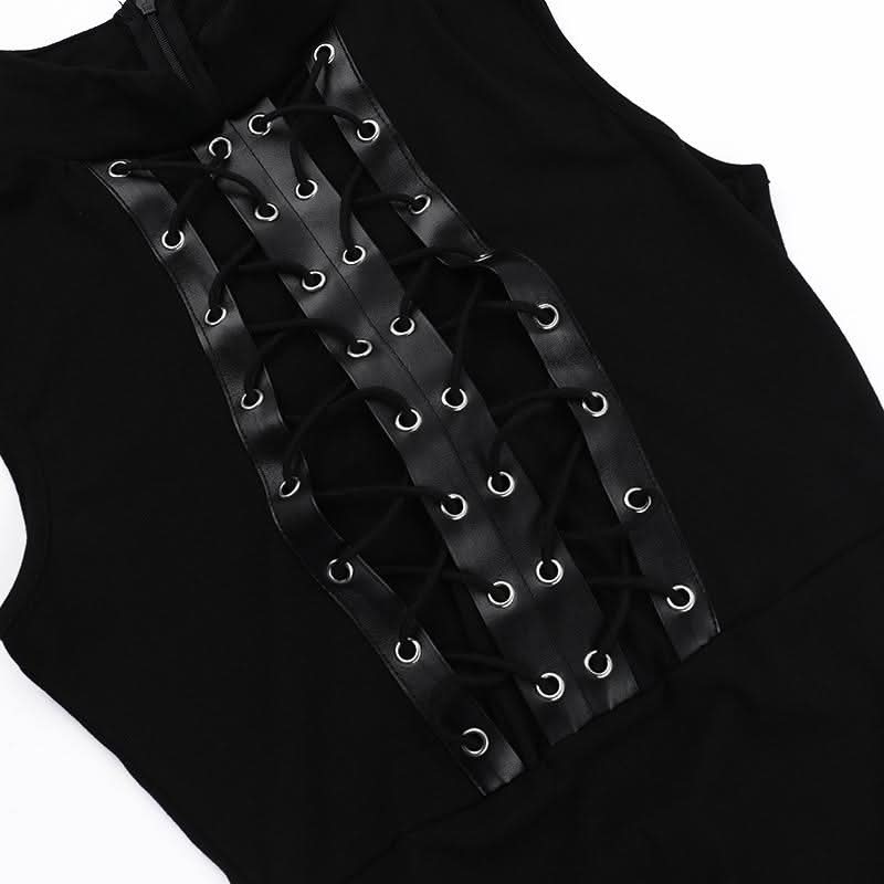Zip-up high slit lace up see through high neck midi dress