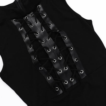 Zip-up high slit lace up see through high neck midi dress