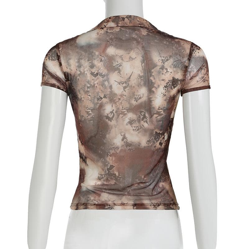 Short sleeve tie dye button sheer mesh top
