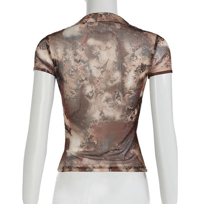 Short sleeve tie dye button sheer mesh top