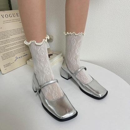 Ruffle hollow out lace solid socks