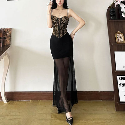 Leopard print mesh lace up cami maxi dress