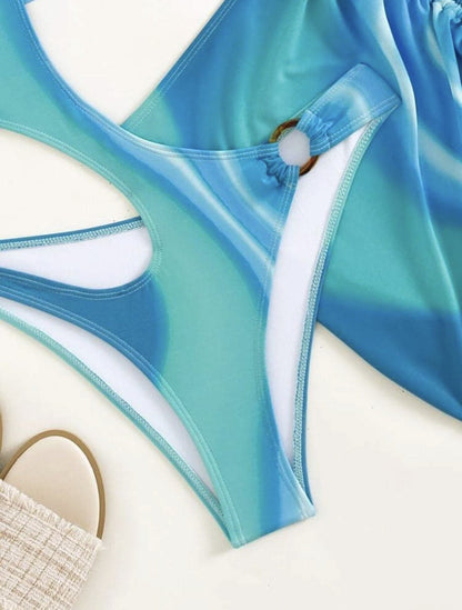 Hollow out o ring contrast drawstring one piece swimwear with cut out mini skirt