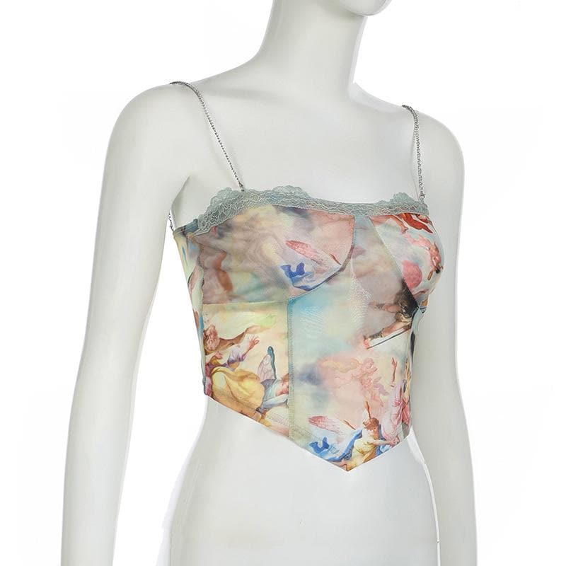 Metal chain print lace hem cami crop top