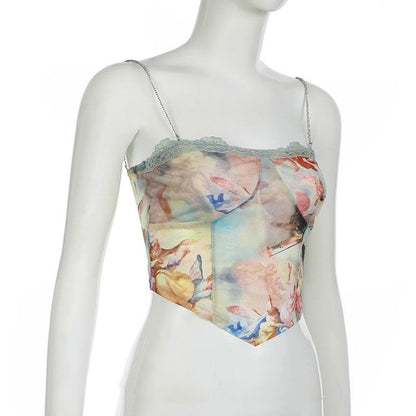 Metal chain print lace hem cami crop top