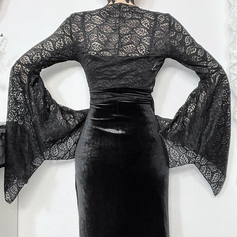 Flared sleeve v neck lace knotted top