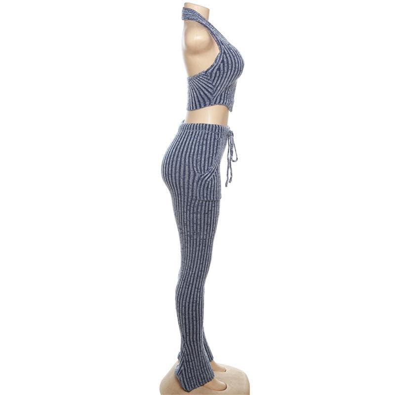 Textured striped contrast halter slit pocket v neck pant set