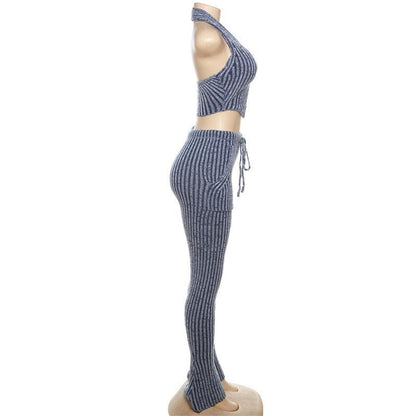 Textured striped contrast halter slit pocket v neck pant set