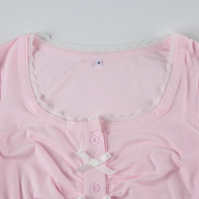 Long sleeve bowknot button crop top