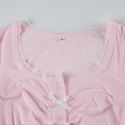 Long sleeve bowknot button crop top