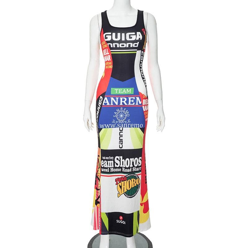 Sleeveless u neck print contrast tank maxi dress