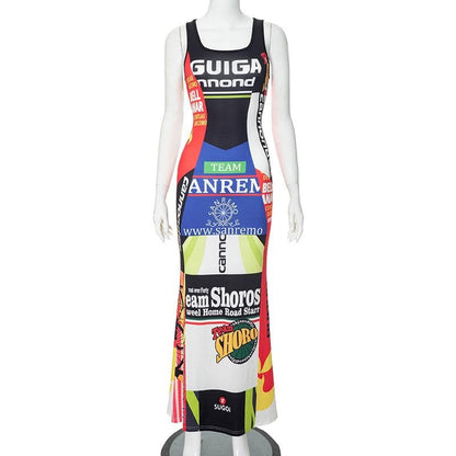 Sleeveless u neck print contrast tank maxi dress