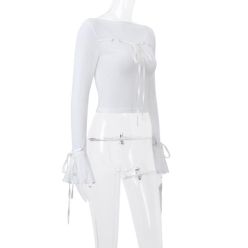 Long flared sleeve self tie stitch ribbed solid crop top