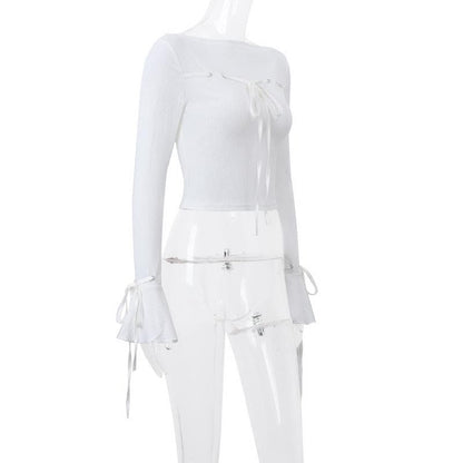 Long flared sleeve self tie stitch ribbed solid crop top