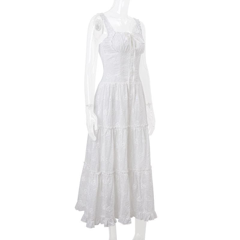 Drawstring ruched ruffle textured cami midi dress
