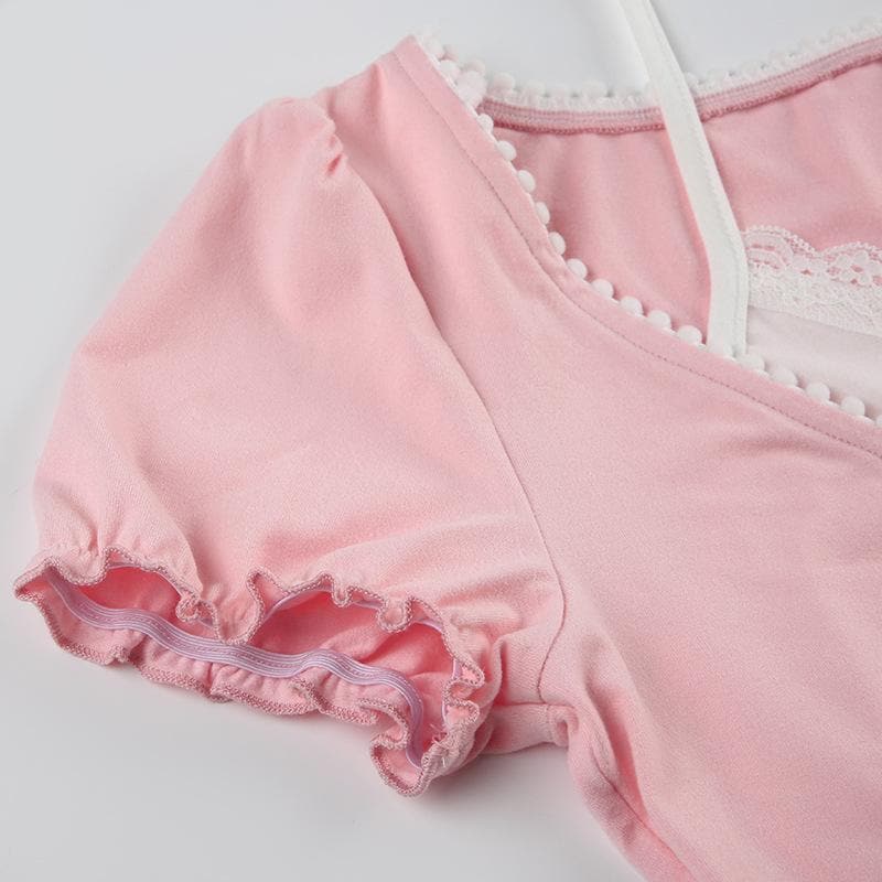 Short puff sleeve halter patchwork bowknot top