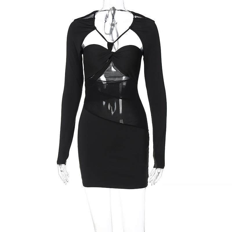 Strappy Halter Mesh Panel Cutout Long Sleeve Bodycon Mini Dress