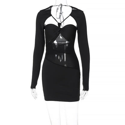Strappy Halter Mesh Panel Cutout Long Sleeve Bodycon Mini Dress