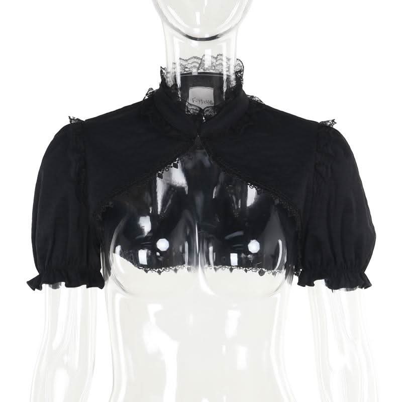 Puff sleeve lace hem button shrug top