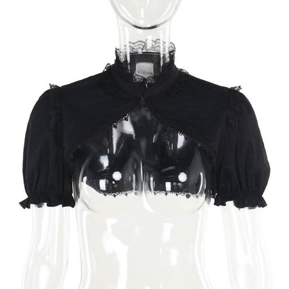 Puff sleeve lace hem button shrug top