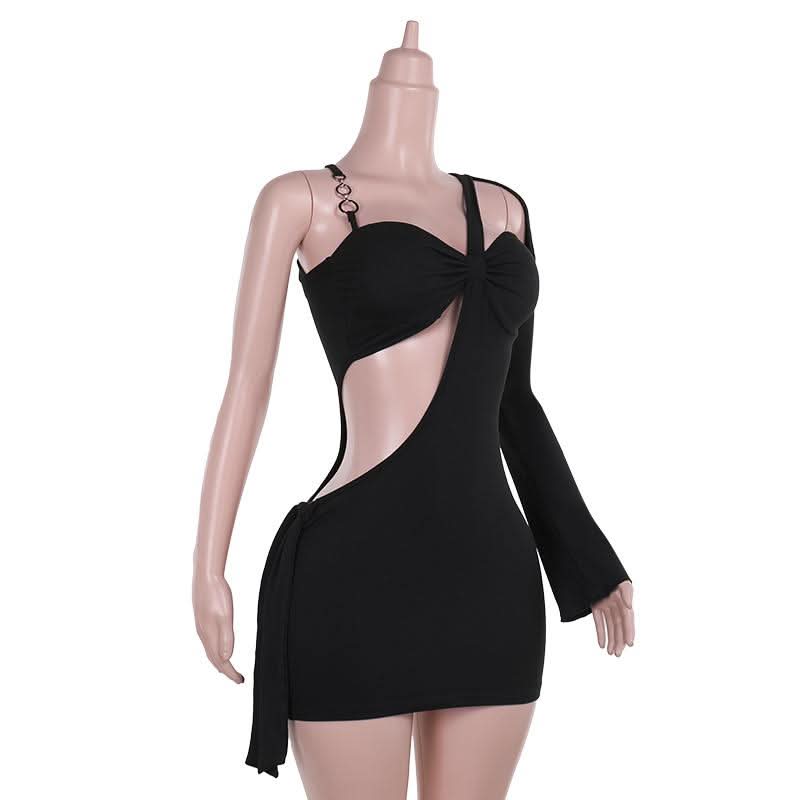 Irregular long sleeve hollow out o ring cut out mini dress