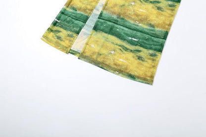 Sheer mesh contrast high slit ruched knotted cami maxi dress