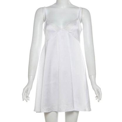 Lace hem backless solid cami mini dress
