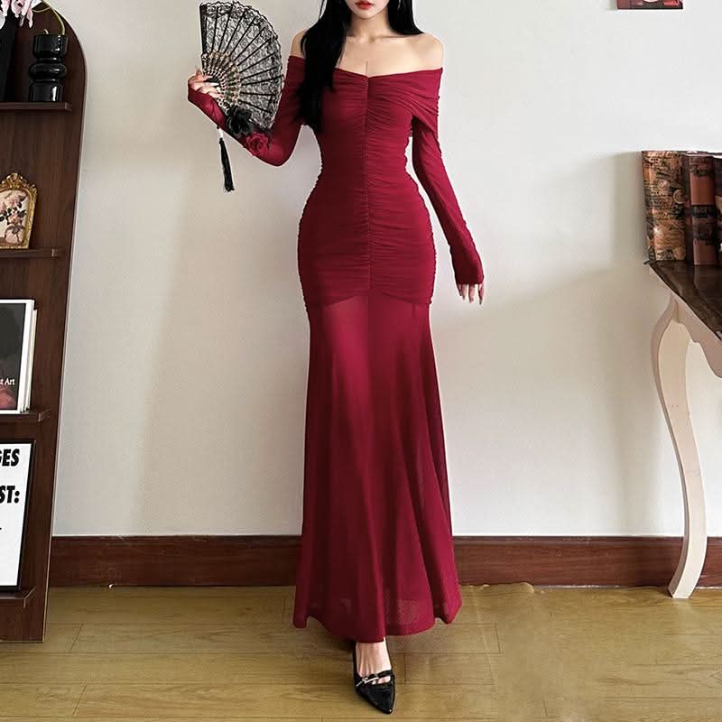 Long sleeve off shoulder ruched mesh maxi dress