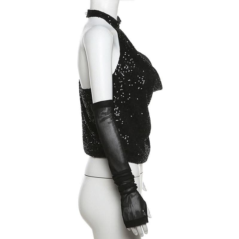 Halter gloves button glitter cowl neck irregular top-final-sale