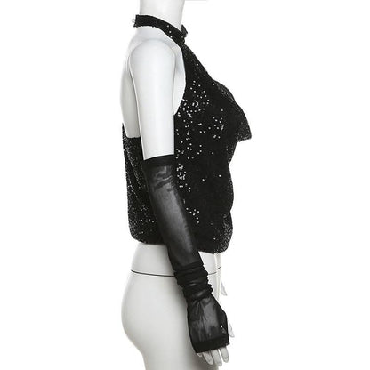 Halter gloves button glitter cowl neck irregular top-final-sale