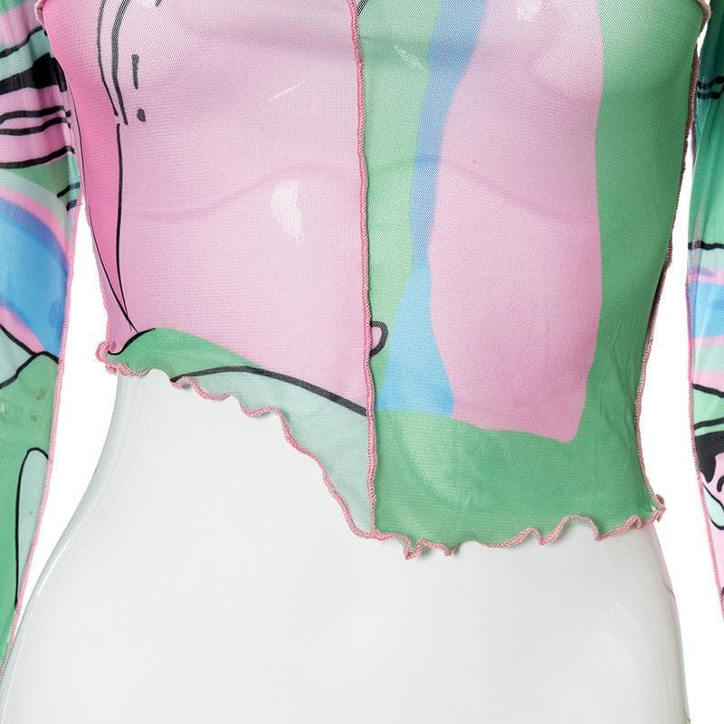 Ruffled see through patchwork irregular long sleeve crop top
