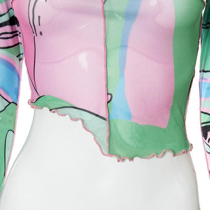 Ruffled see through patchwork irregular long sleeve crop top