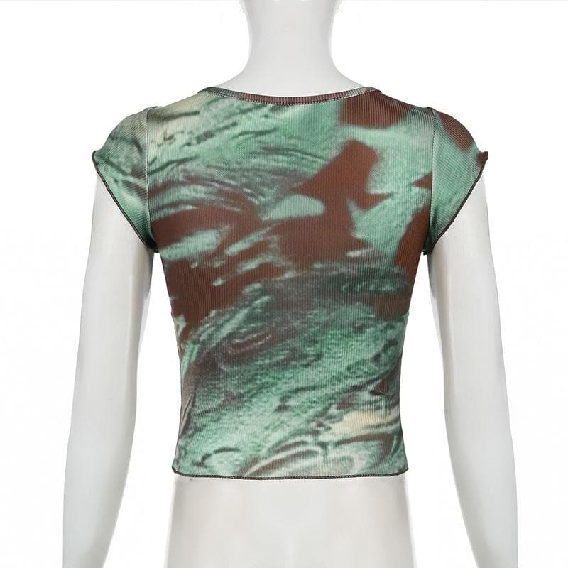 V neck cap sleeve tie dye top