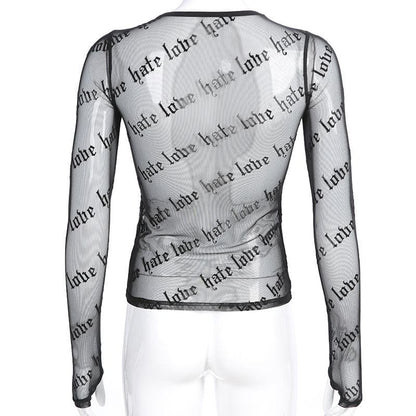Sheer mesh "hate love" print see through solid long sleeve gloves top