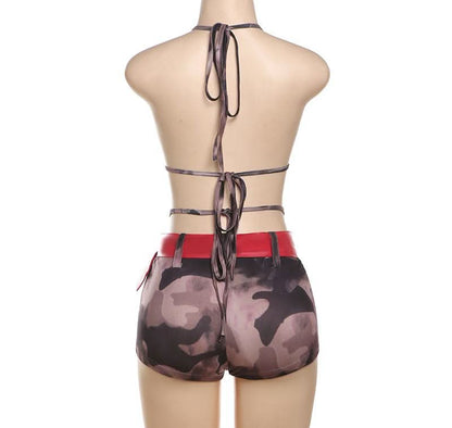 Halter backless self tie buckle romper