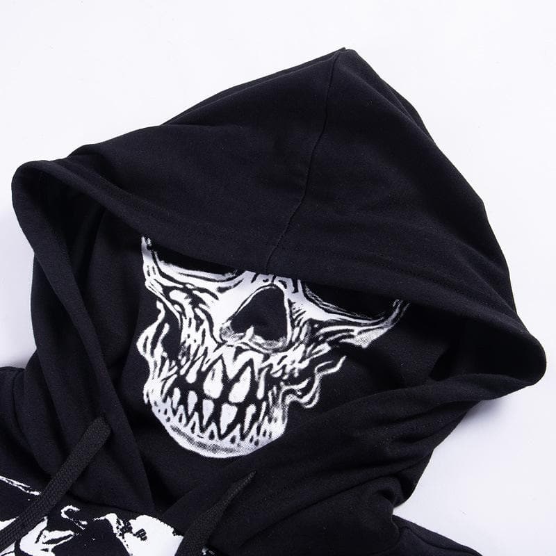 Long sleeve hoodie skeleton print buckle gloves contrast shrug top