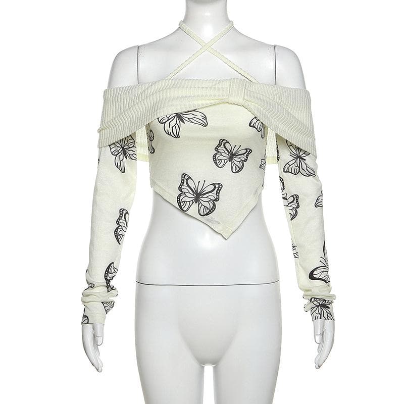 Butterfly print contrast off shoulder halter long sleeve crop top