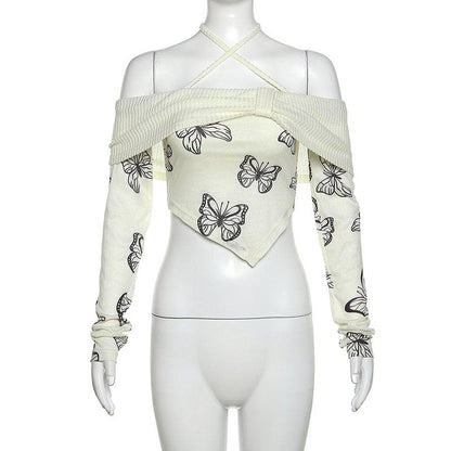 Butterfly print contrast off shoulder halter long sleeve crop top