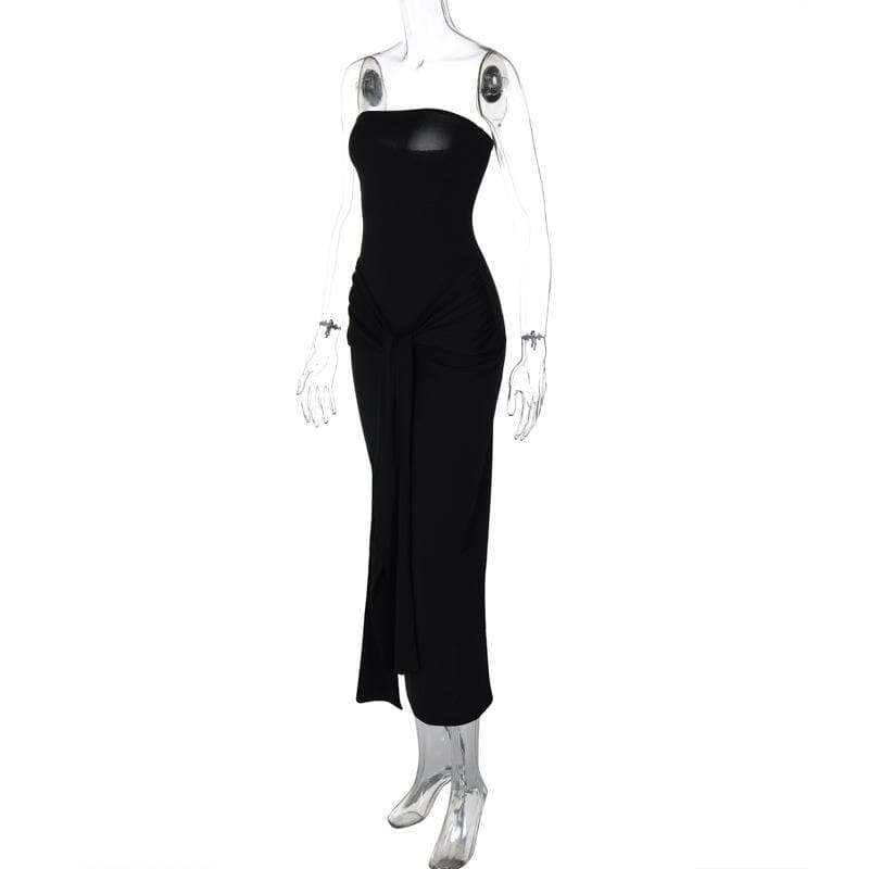 Ruched slit knotted tube midi dress