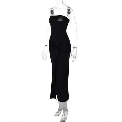 Ruched slit knotted tube midi dress